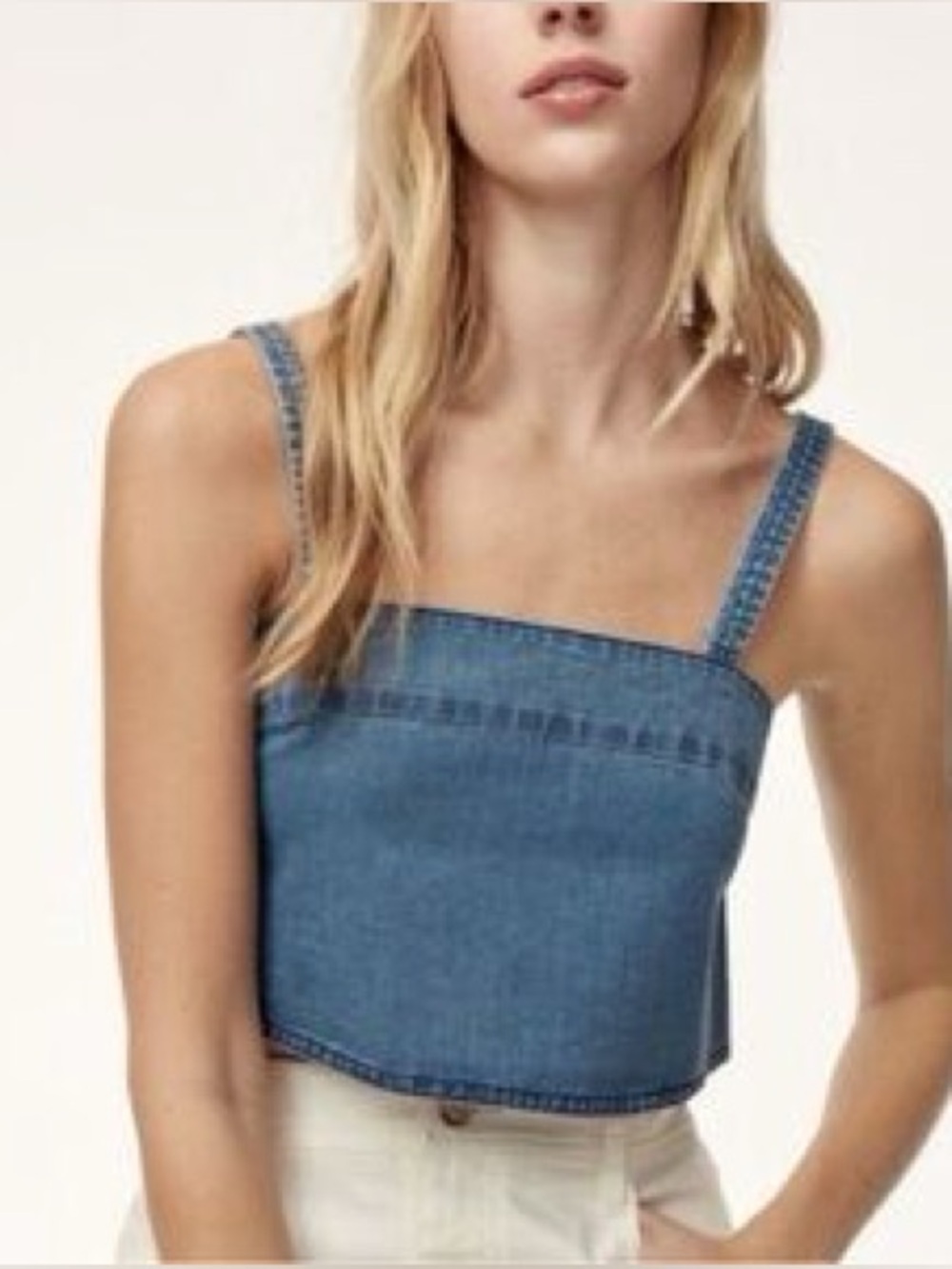 Aritzia Wilfred Free Sz S Pasha Chambray Cropped Open Back Top